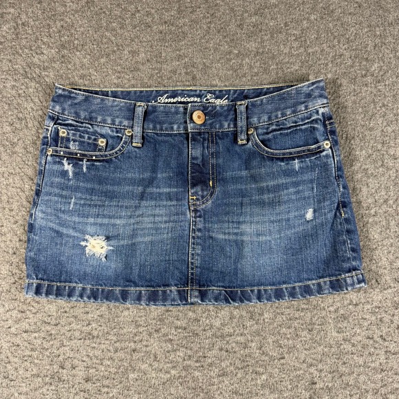 American Eagle Outfitters Dresses & Skirts - Y2K American Eagle Denim Micro Mini Skirt Womens 2 Blue Distressed Low Rise